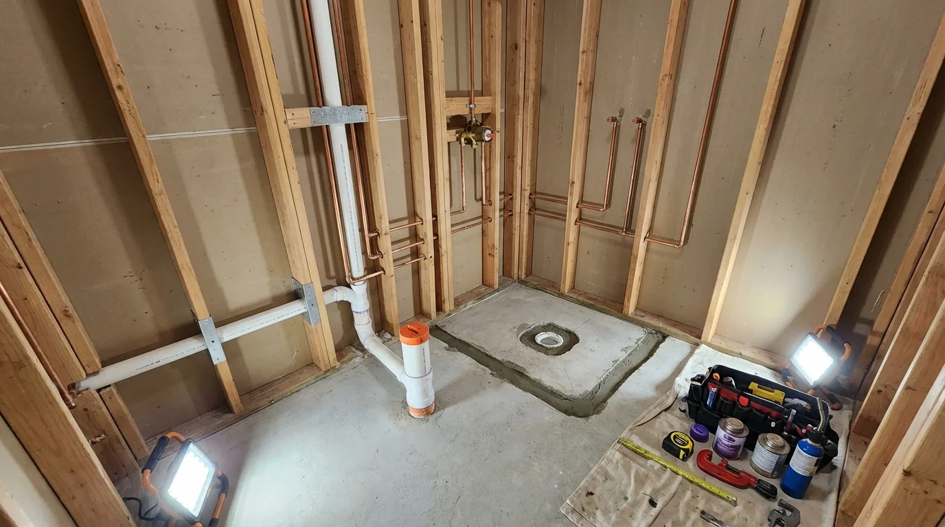 Bathroom rough-in plumbing during remodel by Johns Plumbing LLC in Ardsley