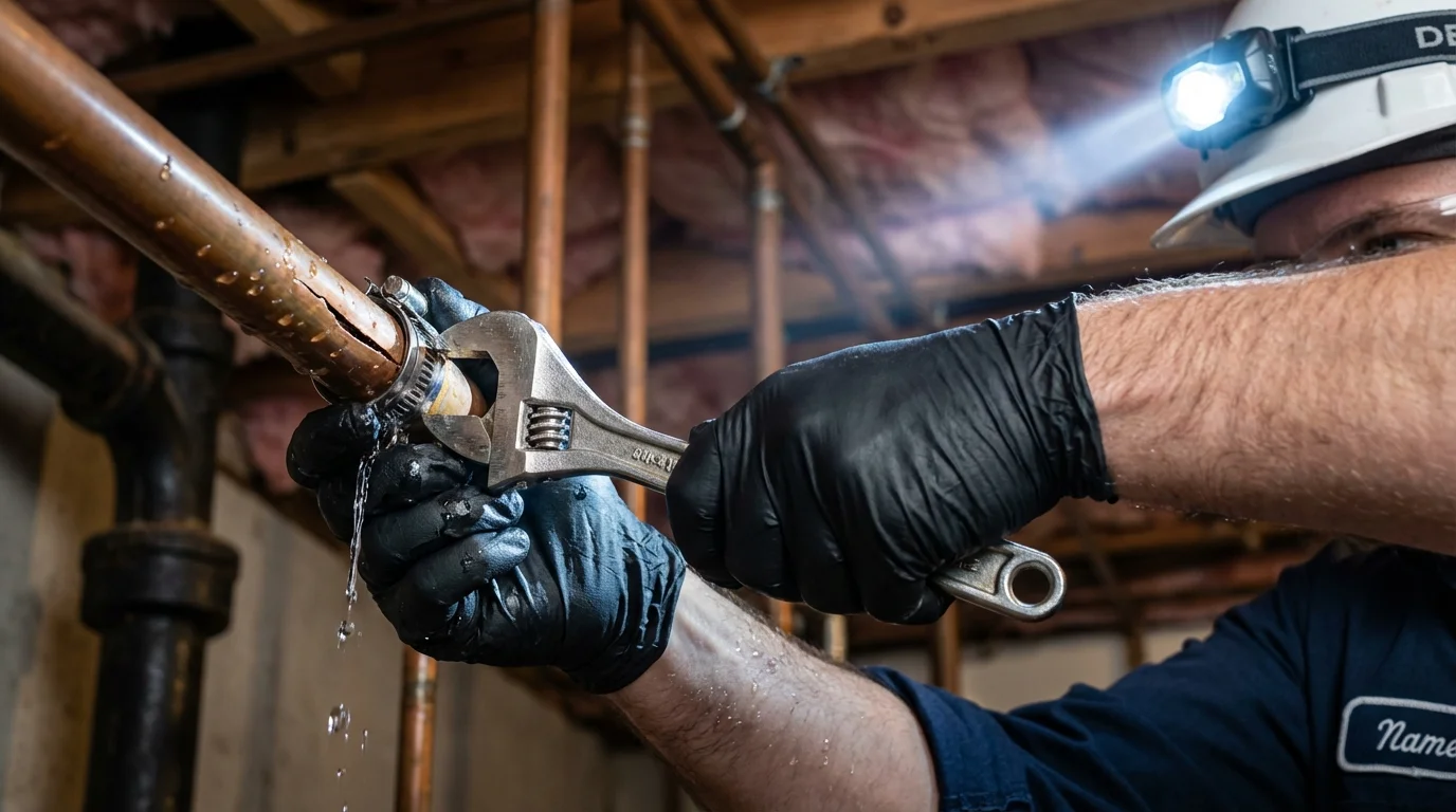 Emergency pipe clamp repair being performed by a Johns Plumbing LLC plumber in Ardsley