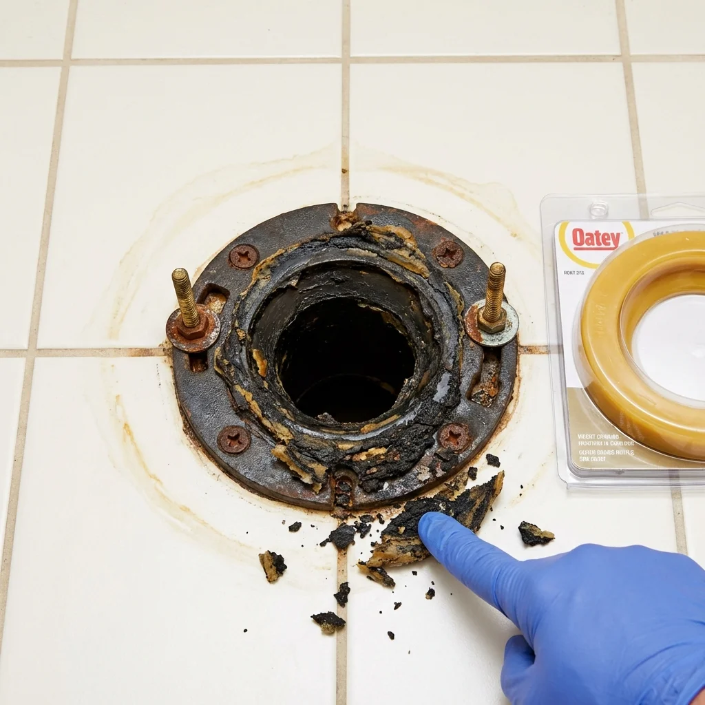 Failed wax ring showing water seepage at the base of a toilet in a Ardsley, NY home