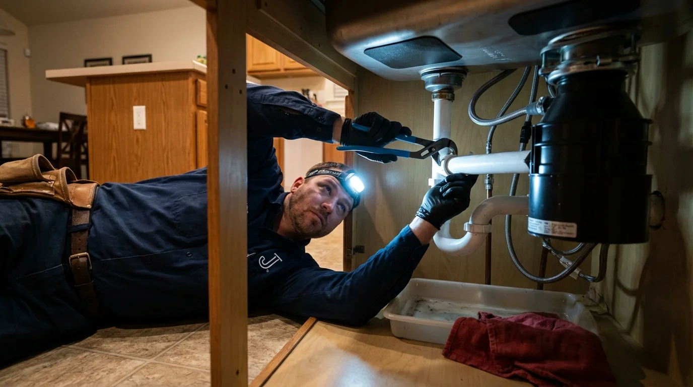 P-trap and supply line connections under a kitchen sink showing a common leak point in Ardsley, NY